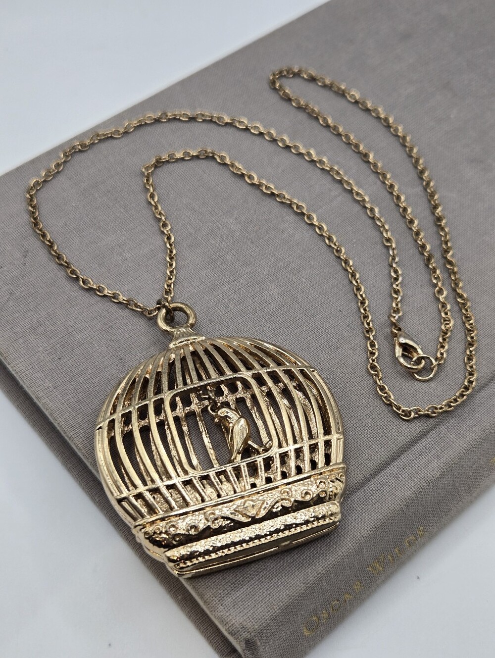 Birdcage Miniature Bird Parrot Cage Necklace Whimsical 24” Goldtone Eclectic